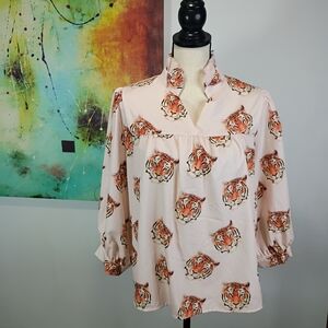 Women's Pale Pink Tiger Face Print Ruffle Collar Blouse, Size Large